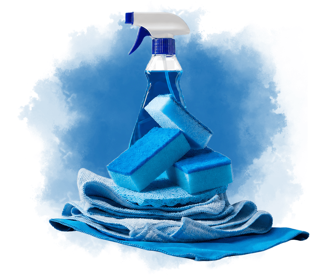 spray bottle, sponges, and cleaning cloths